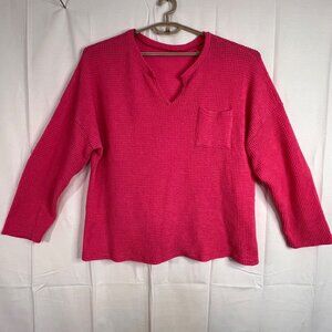 Hot Pink Long-Sleeve Waffle Knit Pullover Top Pocket V-Neck 5XL Plus Size Casual